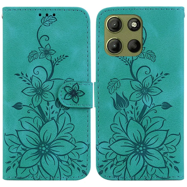 For Motorola Moto G15 4G Case Lily Flower Imprint Leather Phone Cover with Stand - Green
