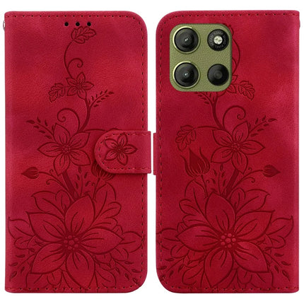 For Motorola Moto G15 4G Case Lily Flower Imprint Leather Phone Cover with Stand - Red