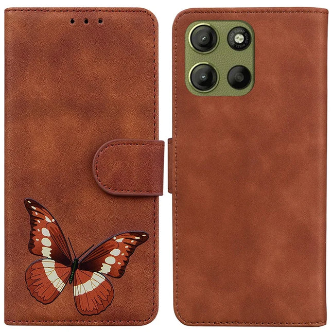 For Motorola Moto G15 4G Stand Case PU Leather Phone Cover Butterfly Printed - Brown