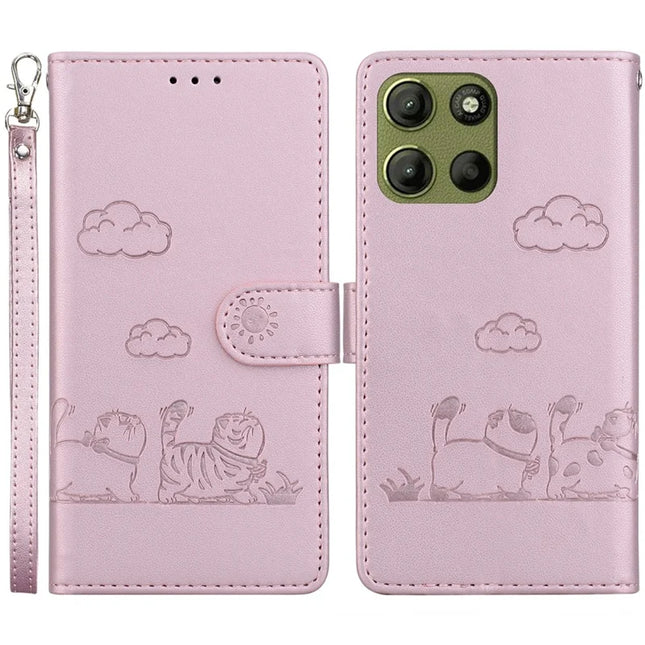 For Motorola Moto G15 4G Case RFID Blocking Kitten Pattern TPU+PU Leather Phone Cover - Pink