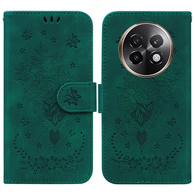 For Realme 13+ 5G Case PU Leather Wallet Phone Cover Butterfly Flower Imprint - Green