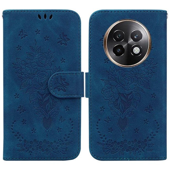 For Realme 13+ 5G Case PU Leather Wallet Phone Cover Butterfly Flower Imprint - Blue