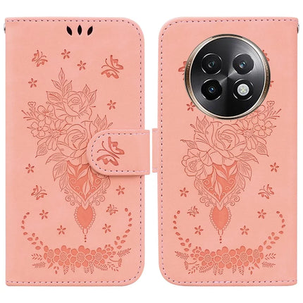 For Realme 13+ 5G Case PU Leather Wallet Phone Cover Butterfly Flower Imprint - Pink