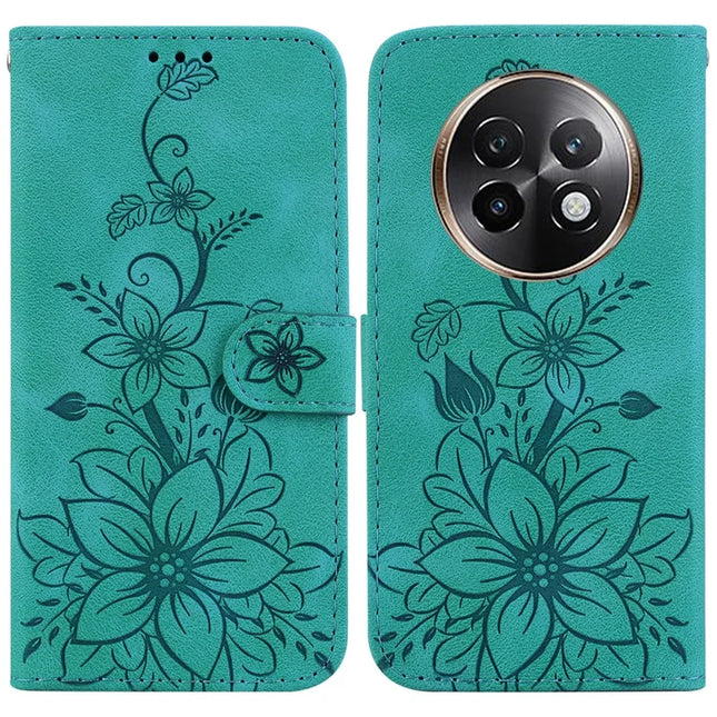 For Realme 13+ 5G Case Lily Flower Imprint Leather Phone Cover with Stand - Green