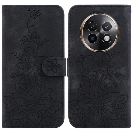 For Realme 13+ 5G Case Lily Flower Imprint Leather Phone Cover with Stand - Black