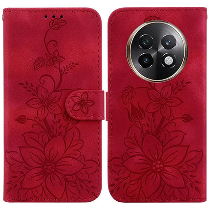 For Realme 13+ 5G Case Lily Flower Imprint Leather Phone Cover with Stand - Red