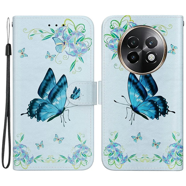 For Realme 13+ 5G Wallet Phone Case Anti-Drop Leather Flip Cover Pattern Printing - Blue Butterfly Flower