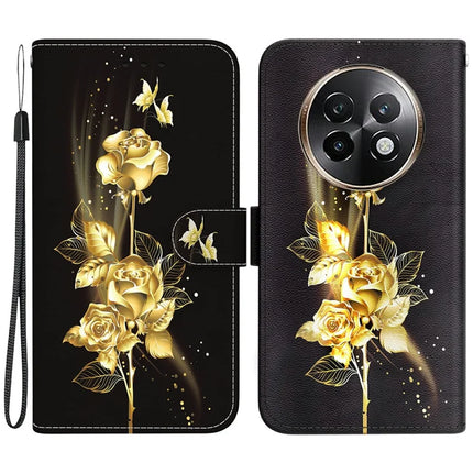 For Realme 13+ 5G Wallet Phone Case Anti-Drop Leather Flip Cover Pattern Printing - Gold Butterfly Rose