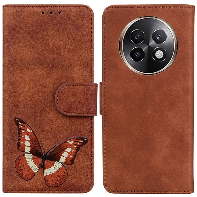 For Realme 13+ 5G Stand Case PU Leather Phone Cover Butterfly Printed - Brown