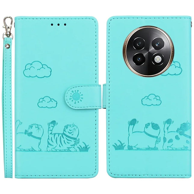 For Realme 13+ 5G Case RFID Blocking Kitten Pattern TPU+PU Leather Phone Cover - Green