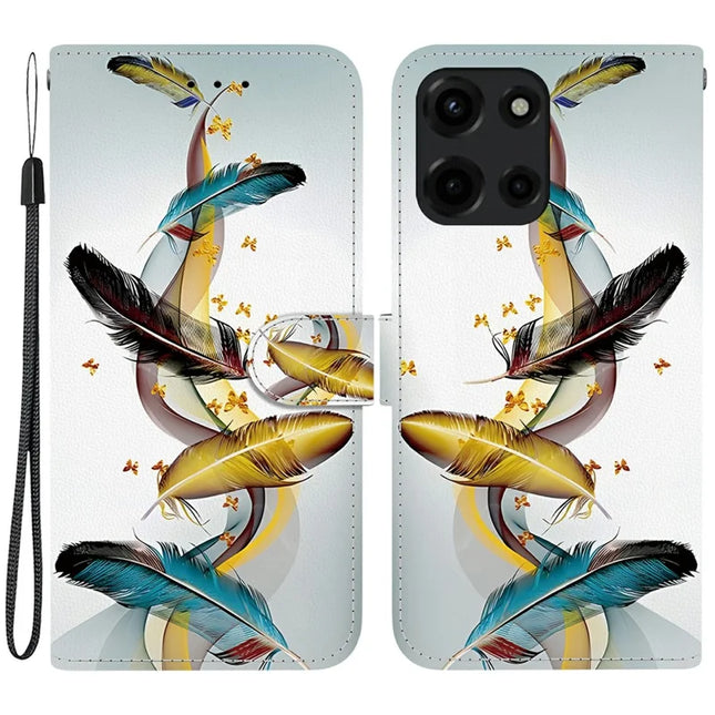 For Motorola Moto G 5G (2025) Case Pattern Printing Anti-Drop Leather Flip Wallet Phone Cover with Lanyard - Golden Butterfly Feather