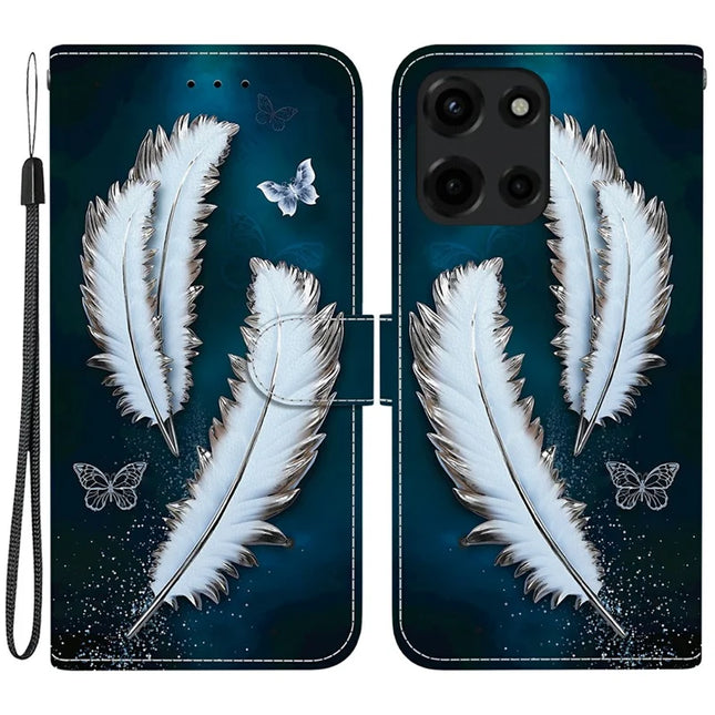 For Motorola Moto G 5G (2025) Case Pattern Printing Anti-Drop Leather Flip Wallet Phone Cover with Lanyard - White Butterfly Feather