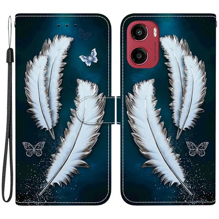 For Motorola Moto G05 4G  /  E15 4G Case Pattern Printing Anti-Drop Leather Flip Wallet Phone Cover with Lanyard - White Butterfly Feather
