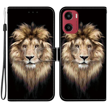 For Motorola Moto G05 4G  /  E15 4G Case Pattern Printing Anti-Drop Leather Flip Wallet Phone Cover with Lanyard - Lion Head
