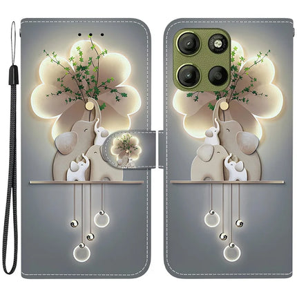 For Motorola Moto G15 4G Case Pattern Printing Anti Drop Leather Flip Wallet Phone Cover with Lanyard - Three Elephants