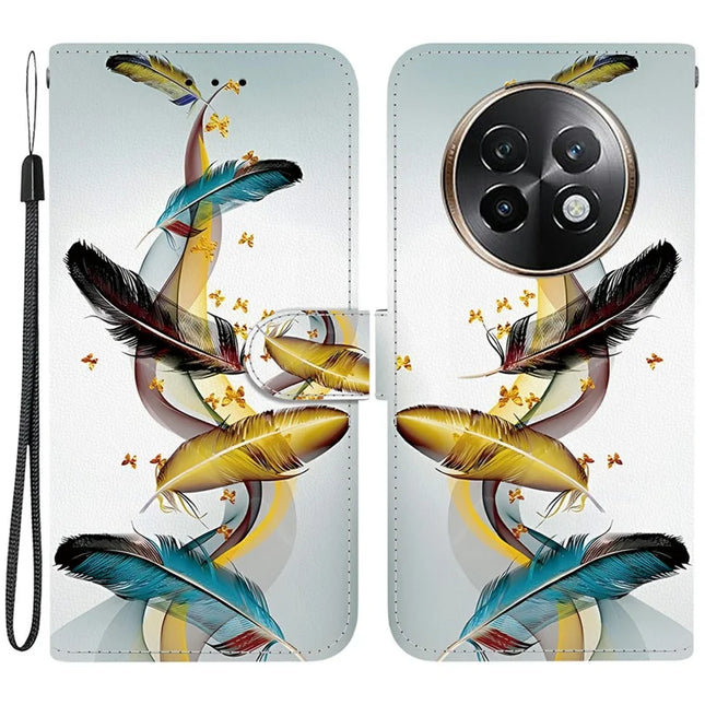 For Realme 13+ 5G Case Pattern Printing Anti-Drop Leather Flip Wallet Phone Cover with Lanyard - Golden Butterfly Feather
