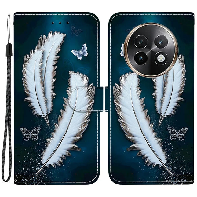 For Realme 13+ 5G Case Pattern Printing Anti-Drop Leather Flip Wallet Phone Cover with Lanyard - White Butterfly Feather