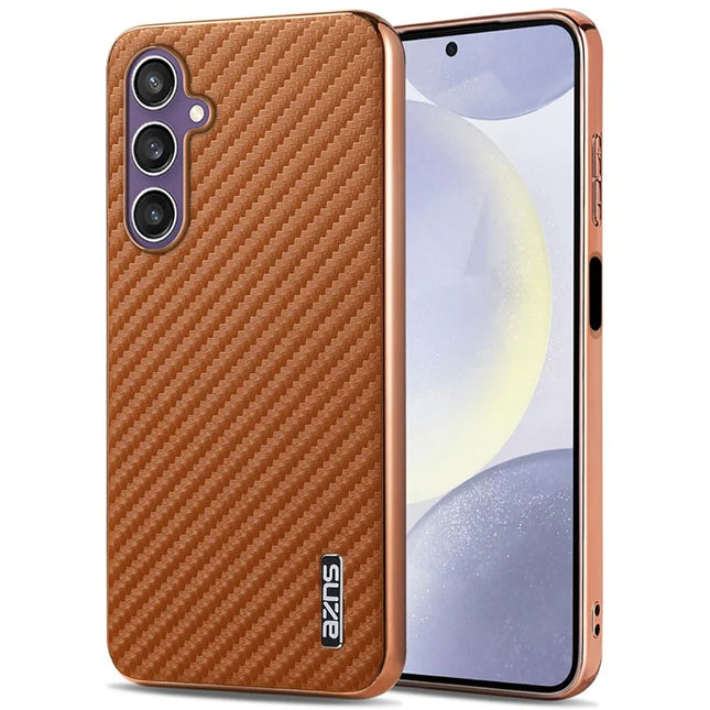 AZNS For Samsung Galaxy A05s 4G  /  M14 4G Case Electroplating Carbon Fiber Texture PU + TPU Phone Cover - Brown