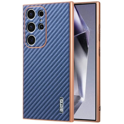 AZNS For Samsung Galaxy S23 Ultra Case Electroplating Carbon Fiber Texture PU + TPU Phone Cover - Blue