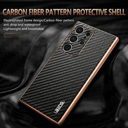 AZNS For Samsung Galaxy S23 Ultra Case Electroplating Carbon Fiber Texture PU + TPU Phone Cover