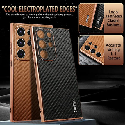 AZNS For Samsung Galaxy S23 Ultra Case Electroplating Carbon Fiber Texture PU + TPU Phone Cover