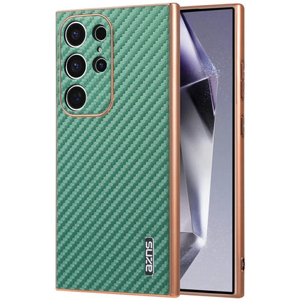AZNS For Samsung Galaxy S23 Ultra Case Electroplating Carbon Fiber Texture PU + TPU Phone Cover - Green
