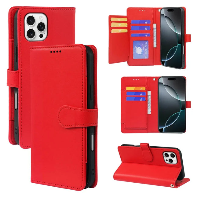 For iPhone 16 Pro Max Case with 9 Card Slots PU Leather Stand Phone Cover - Red