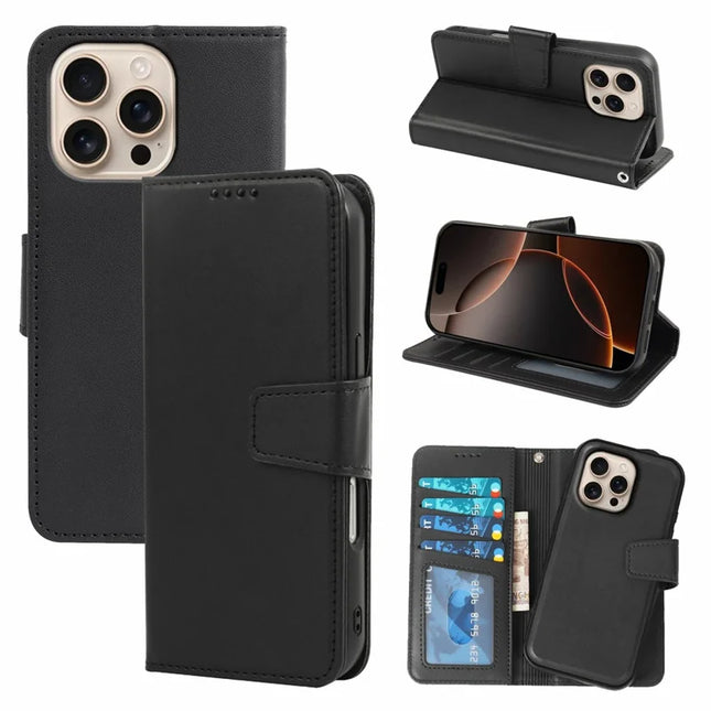 For iPhone 16 Pro Max Case Detachable 2 in 1 PU Leather Wallet Phone Cover - Black
