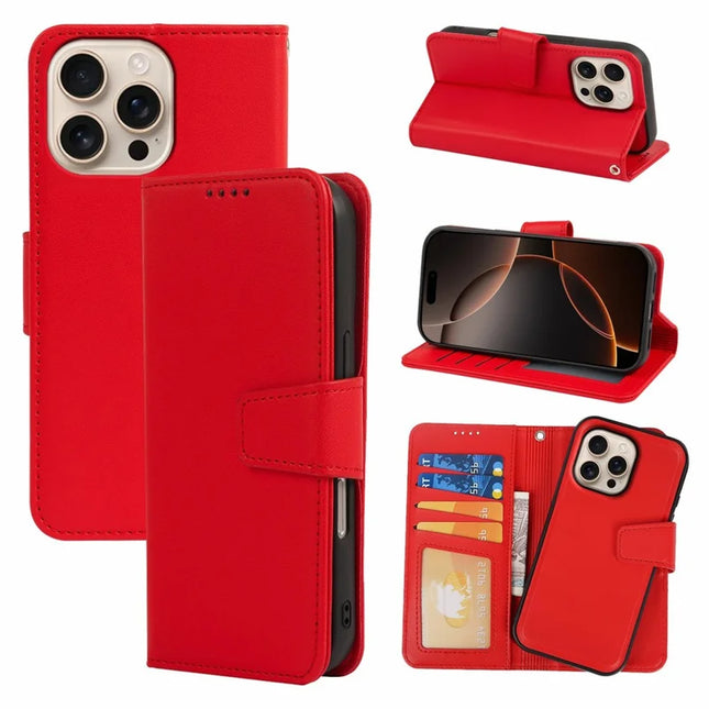 For iPhone 16 Pro Max Case Detachable 2 in 1 PU Leather Wallet Phone Cover - Red