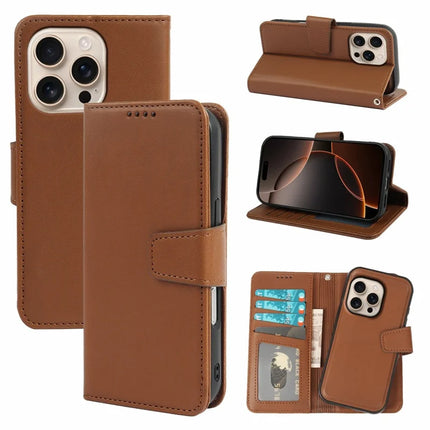 For iPhone 16 Pro Case Detachable 2 in 1 PU Leather Wallet Phone Cover - Brown