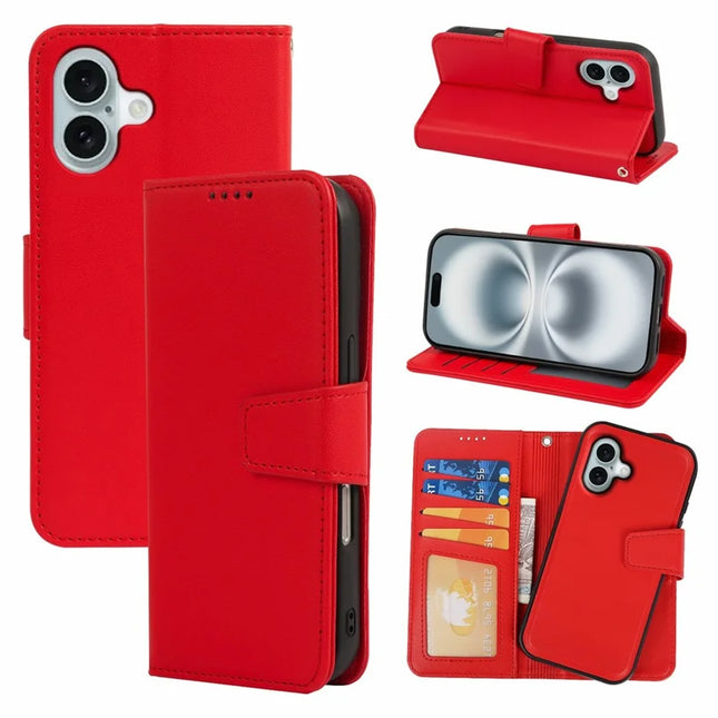 For iPhone 16 Plus Case Detachable 2 in 1 PU Leather Wallet Phone Cover - Red