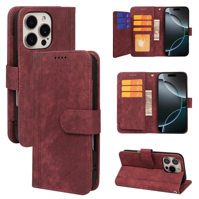 For iPhone 16 Pro Max Leather Case Line Pattern Wallet Phone Cover with 9 Card Slots - Red