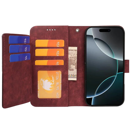 For iPhone 16 Pro Max Leather Case Line Pattern Wallet Phone Cover with 9 Card Slots