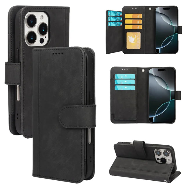 For iPhone 16 Pro Max Leather Case Line Pattern Wallet Phone Cover with 9 Card Slots - Black