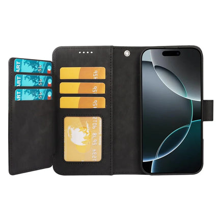 For iPhone 16 Pro Max Leather Case Line Pattern Wallet Phone Cover with 9 Card Slots