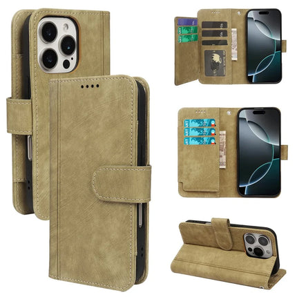 For iPhone 16 Pro Max Leather Case Line Pattern Wallet Phone Cover with 9 Card Slots - Yellow