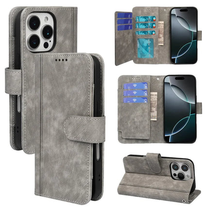 For iPhone 16 Pro Max Leather Case Line Pattern Wallet Phone Cover with 9 Card Slots - Grey