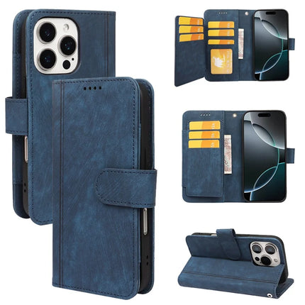 For iPhone 16 Pro Max Leather Case Line Pattern Wallet Phone Cover with 9 Card Slots - Blue