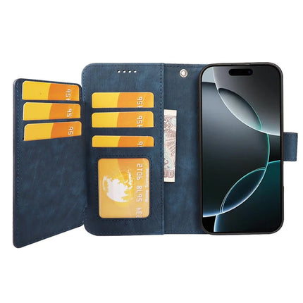 For iPhone 16 Pro Max Leather Case Line Pattern Wallet Phone Cover with 9 Card Slots