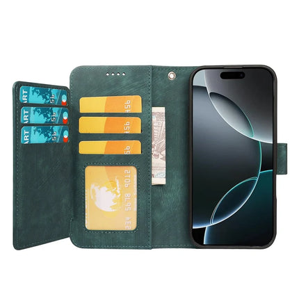 For iPhone 16 Pro Max Leather Case Line Pattern Wallet Phone Cover with 9 Card Slots