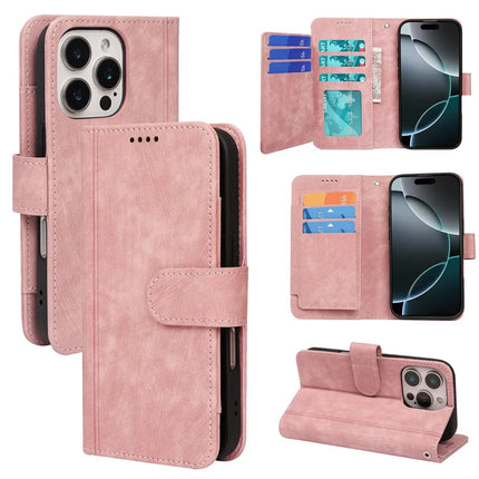 For iPhone 16 Pro Max Leather Case Line Pattern Wallet Phone Cover with 9 Card Slots - Rose Gold