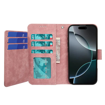 For iPhone 16 Pro Max Leather Case Line Pattern Wallet Phone Cover with 9 Card Slots