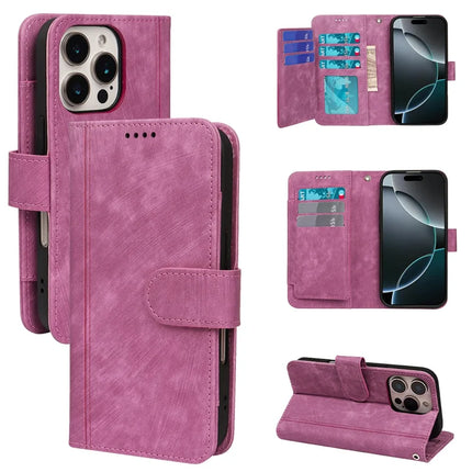 For iPhone 16 Pro Max Leather Case Line Pattern Wallet Phone Cover with 9 Card Slots - Rose