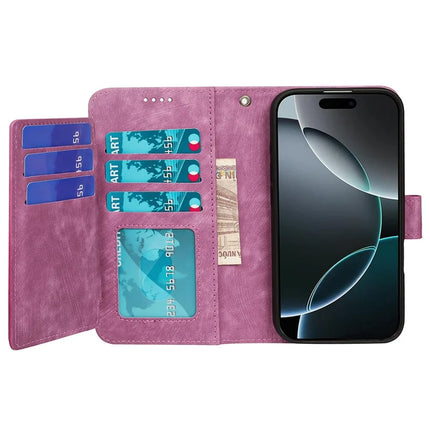 For iPhone 16 Pro Max Leather Case Line Pattern Wallet Phone Cover with 9 Card Slots