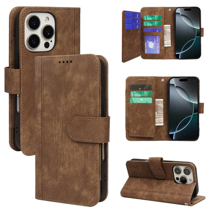 For iPhone 16 Pro Max Leather Case Line Pattern Wallet Phone Cover with 9 Card Slots - Brown