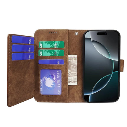 For iPhone 16 Pro Max Leather Case Line Pattern Wallet Phone Cover with 9 Card Slots