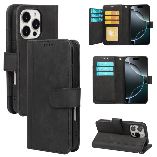For iPhone 16 Pro Leather Case Line Pattern Wallet Phone Cover with 9 Card Slots - Black