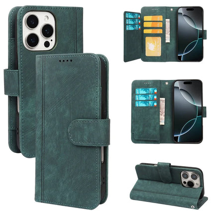 For iPhone 16 Pro Leather Case Line Pattern Wallet Phone Cover with 9 Card Slots - Green