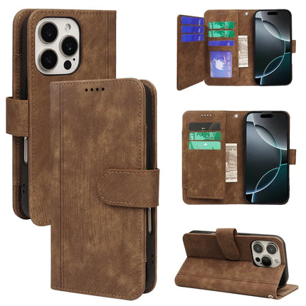 For iPhone 16 Pro Leather Case Line Pattern Wallet Phone Cover with 9 Card Slots - Brown