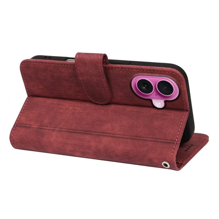 For iPhone 16 Plus Leather Case Line Pattern Wallet Phone Cover with 9 Card Slots